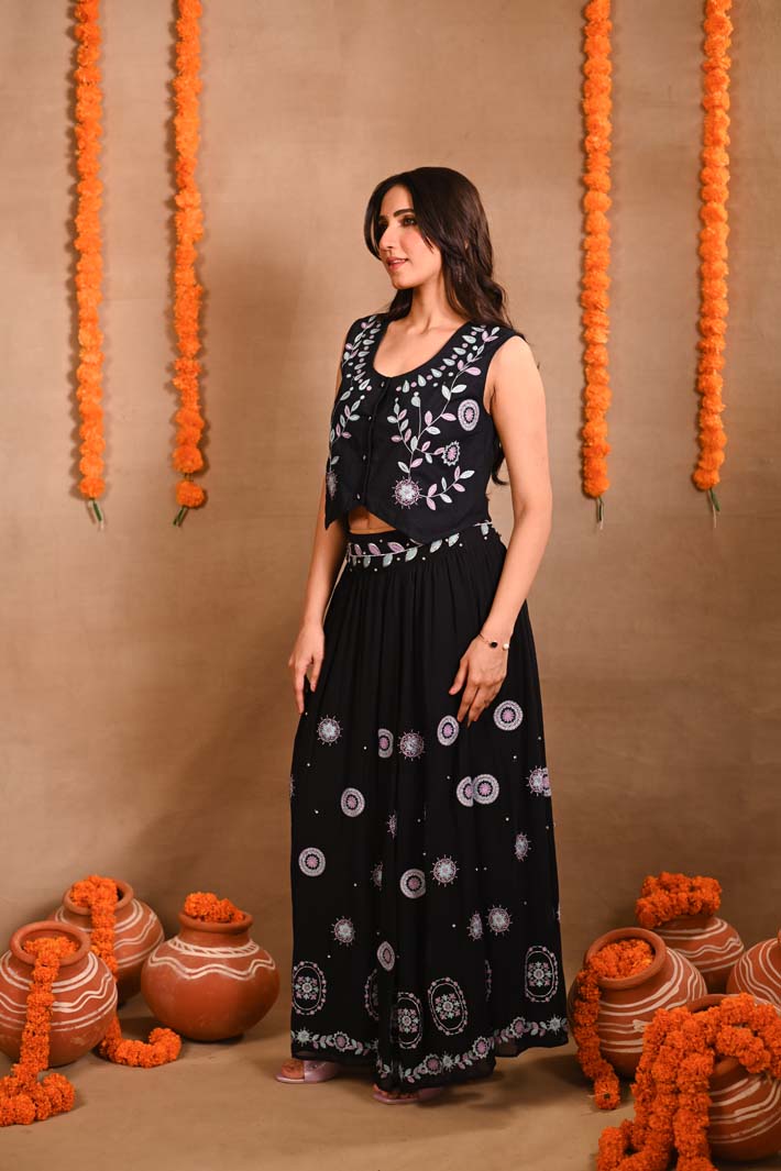 Navy Floral Jacket & Long Skirt Set