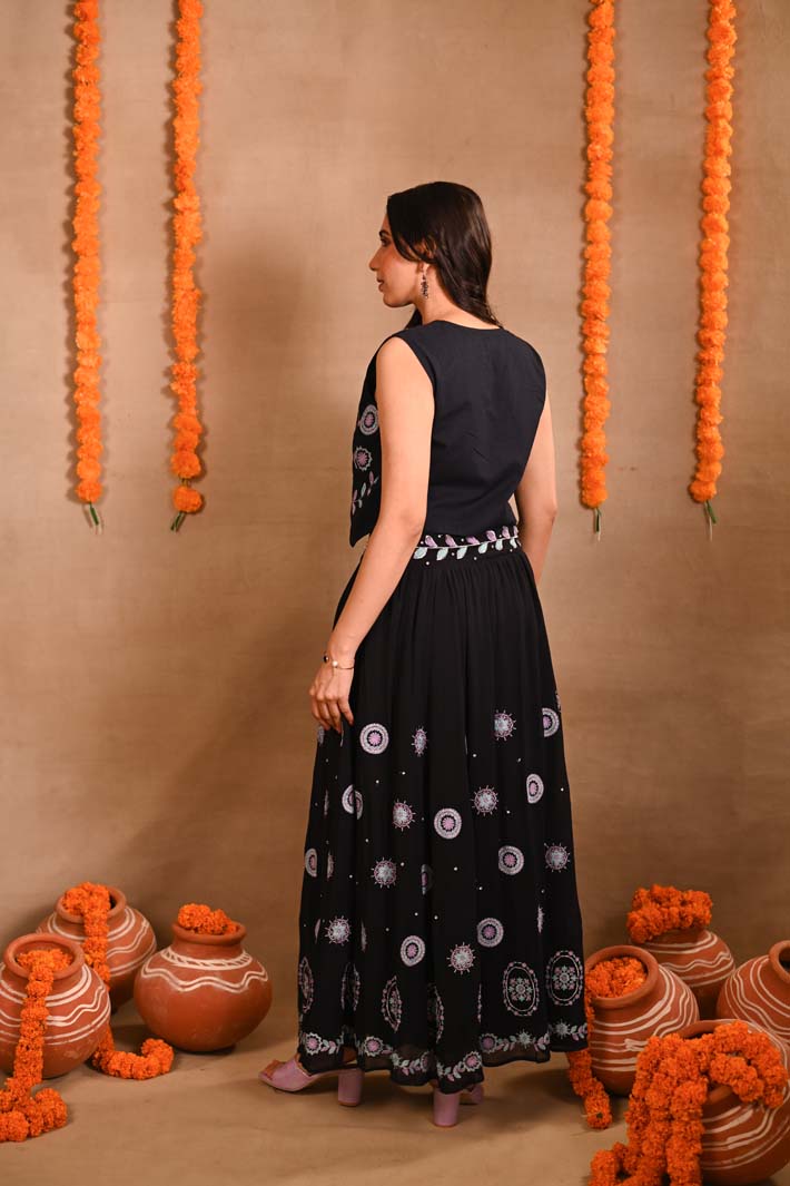 Navy Floral Jacket & Long Skirt Set