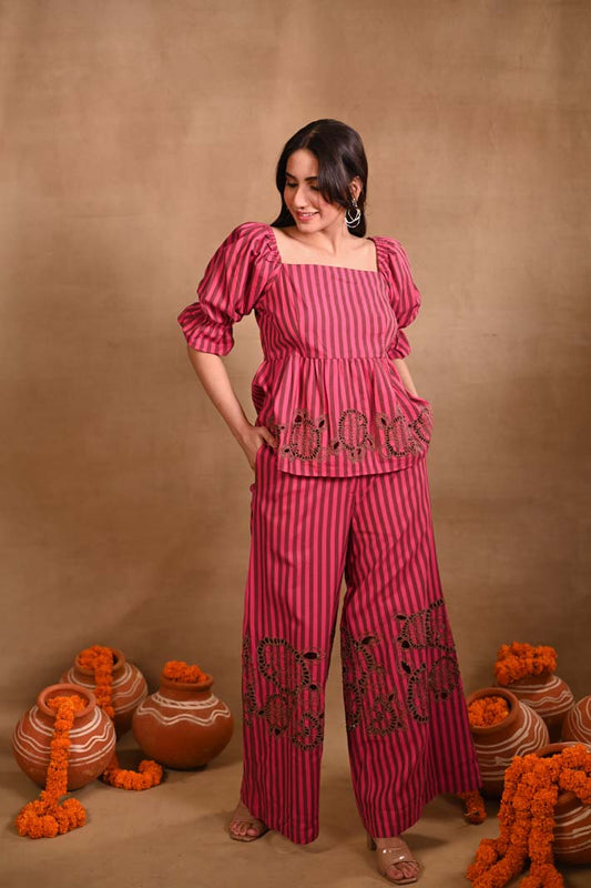 Pink Striped Set with Peplum Top & Pants