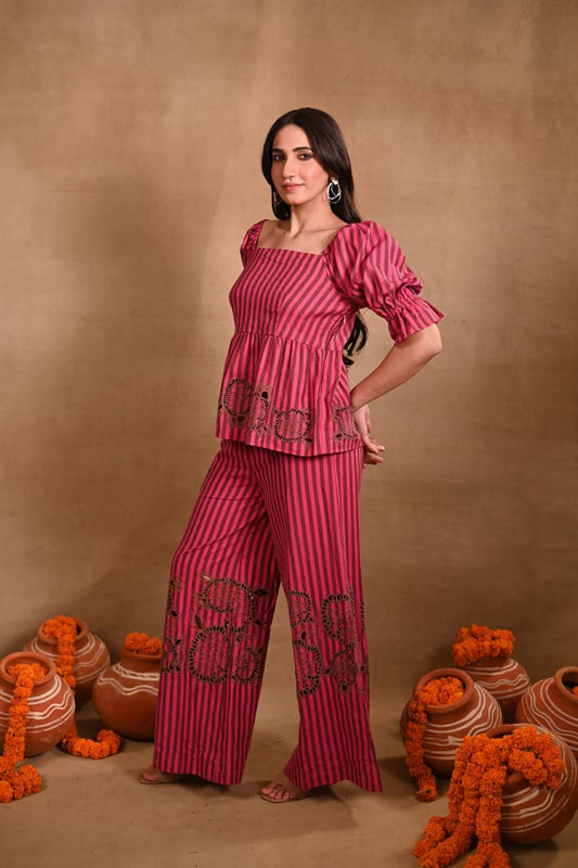 Pink Striped Set with Peplum Top & Pants