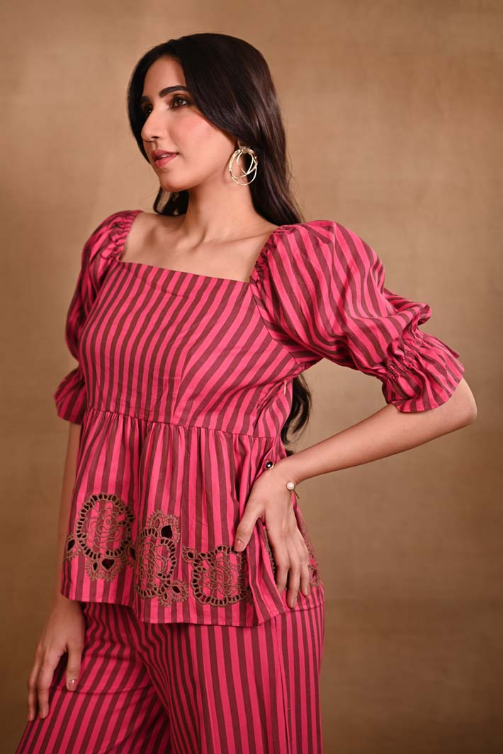 Pink Striped Set with Peplum Top & Pants