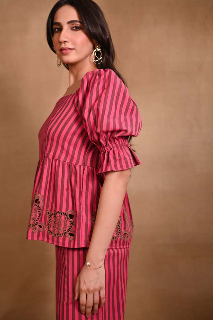 Pink Striped Set with Peplum Top & Pants