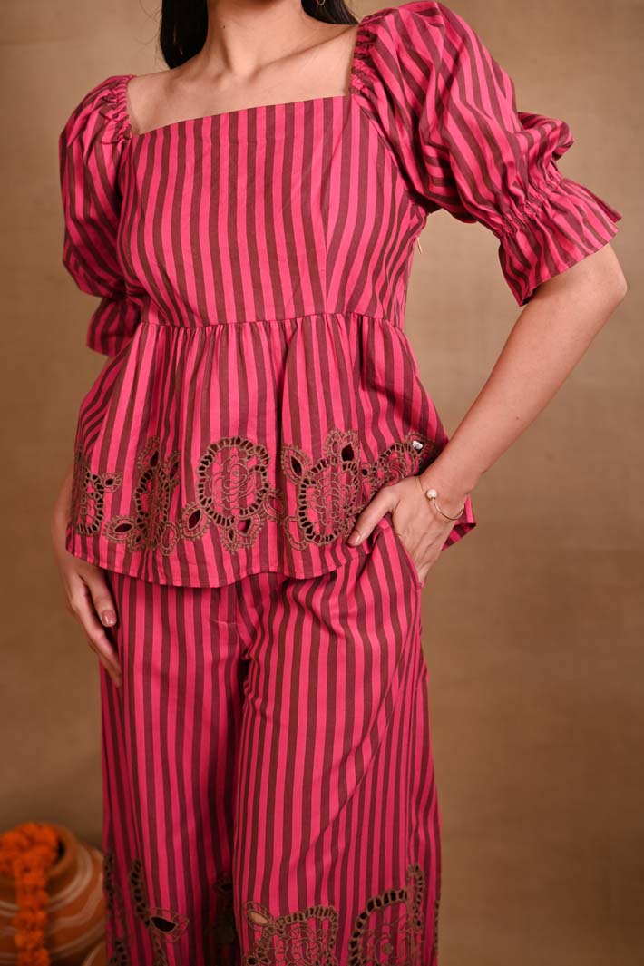 Pink Striped Set with Peplum Top & Pants