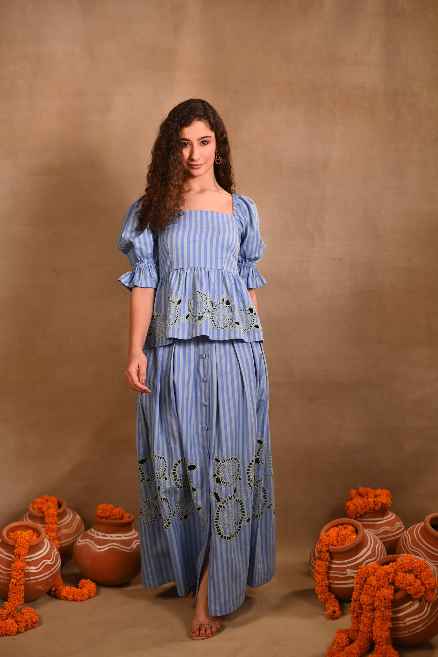 Light Blue Stripe Set with Peplum Top & Skirt