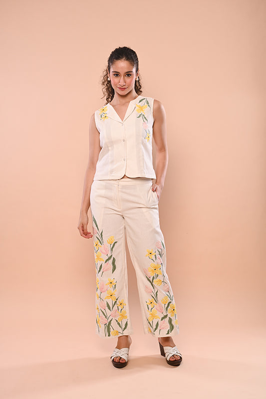 White Applique Floral Set ( waistcoat & pants)