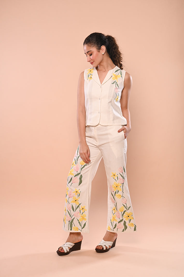 White Applique Floral Set ( waistcoat & pants)