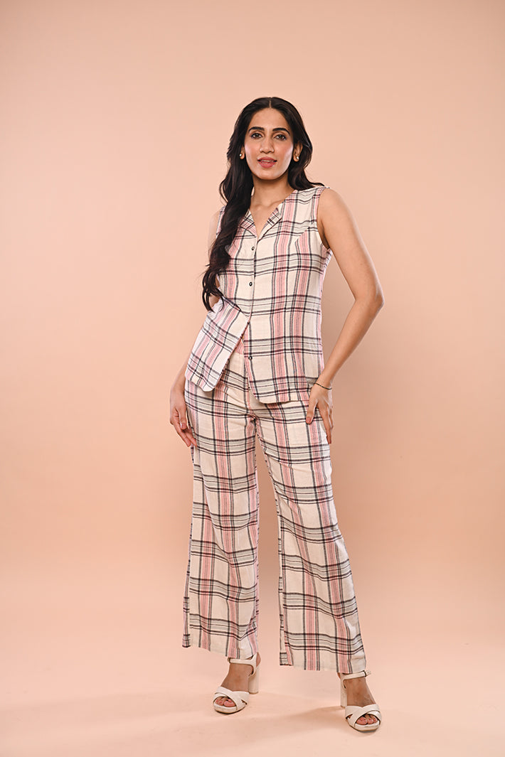 Pink And White Flannel Office Set ( waistcoat & pants)