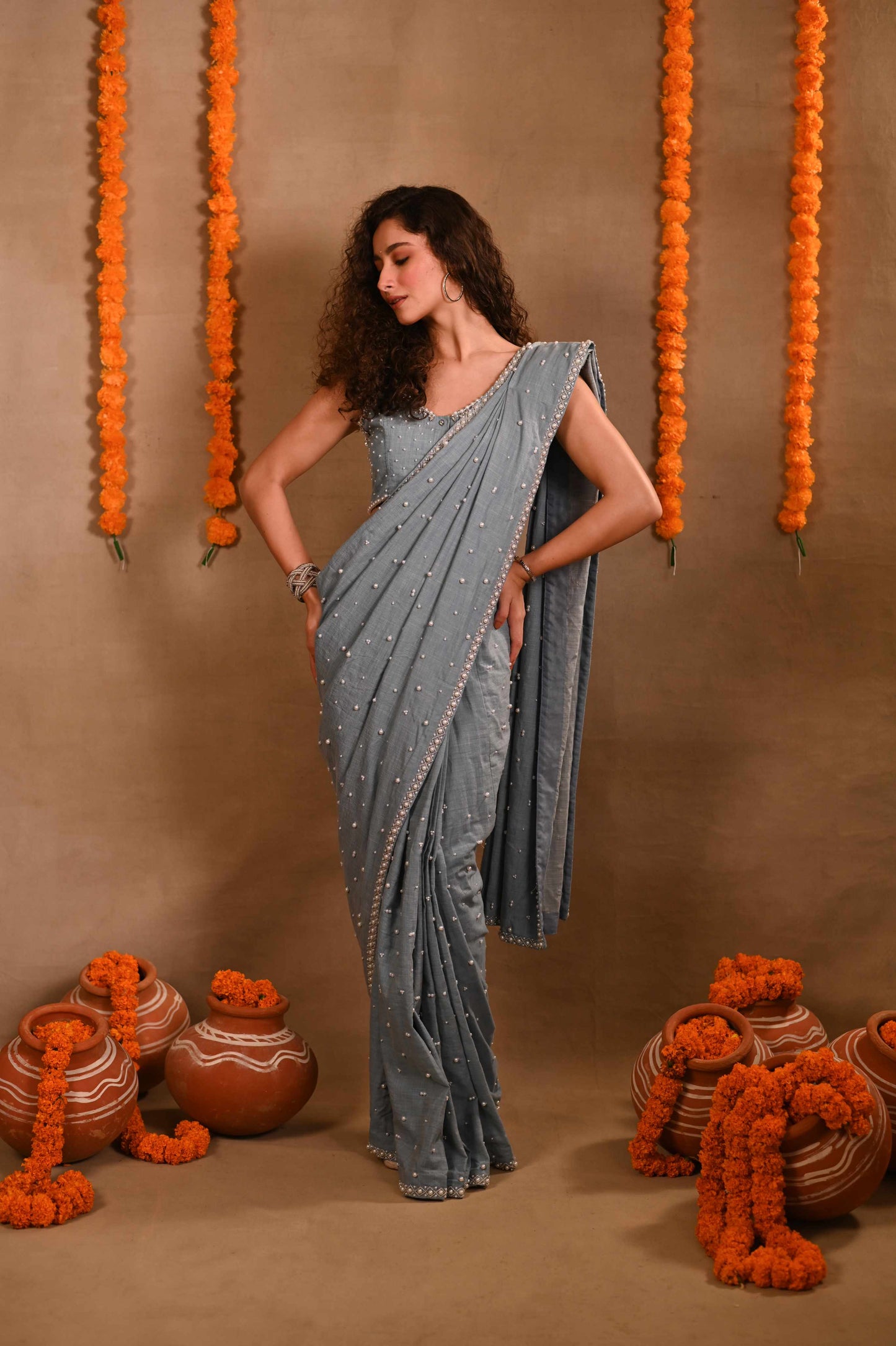 Light Denim Pearl Saree