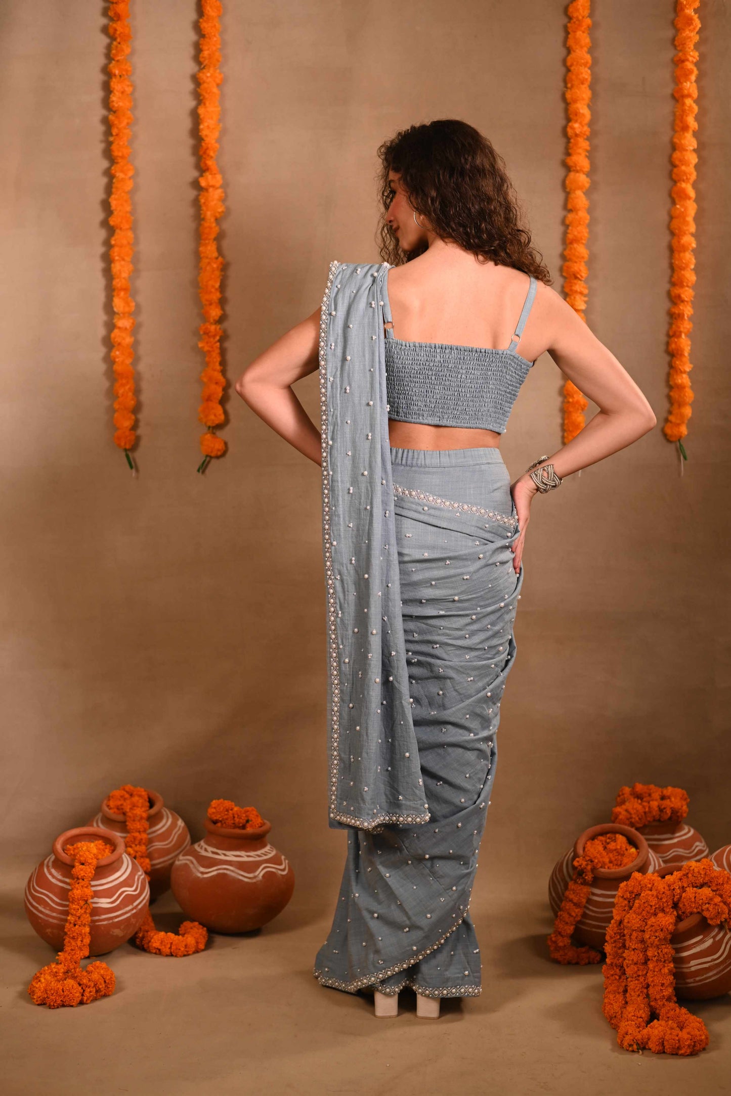 Light Denim Pearl Saree
