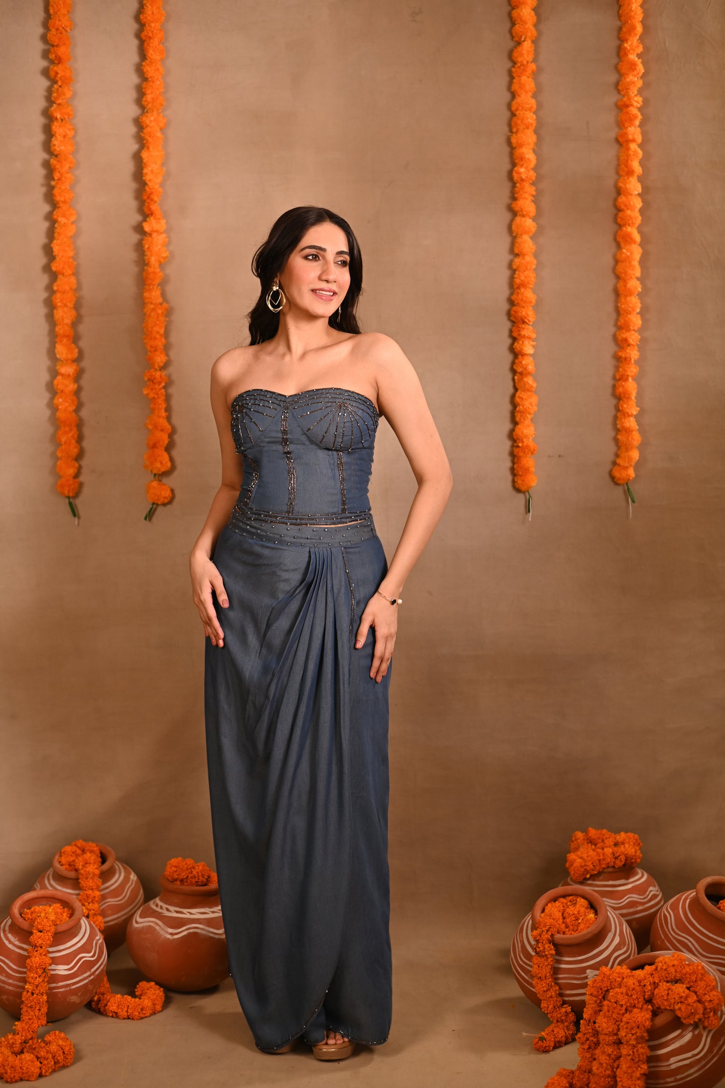 Denim Corset Blouse & Pleated Skirt Set