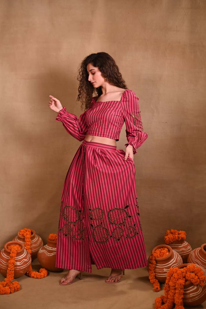 Pink Striped Set with Top & Skirt