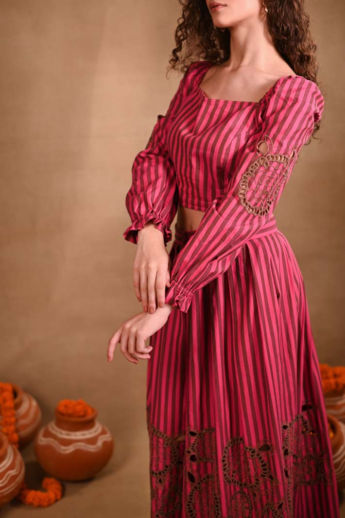 Pink Striped Set with Top & Skirt