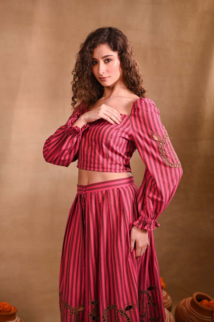 Pink Striped Set with Top & Skirt
