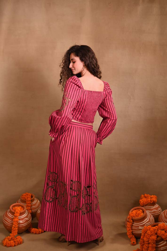 Pink Striped Set with Top & Skirt