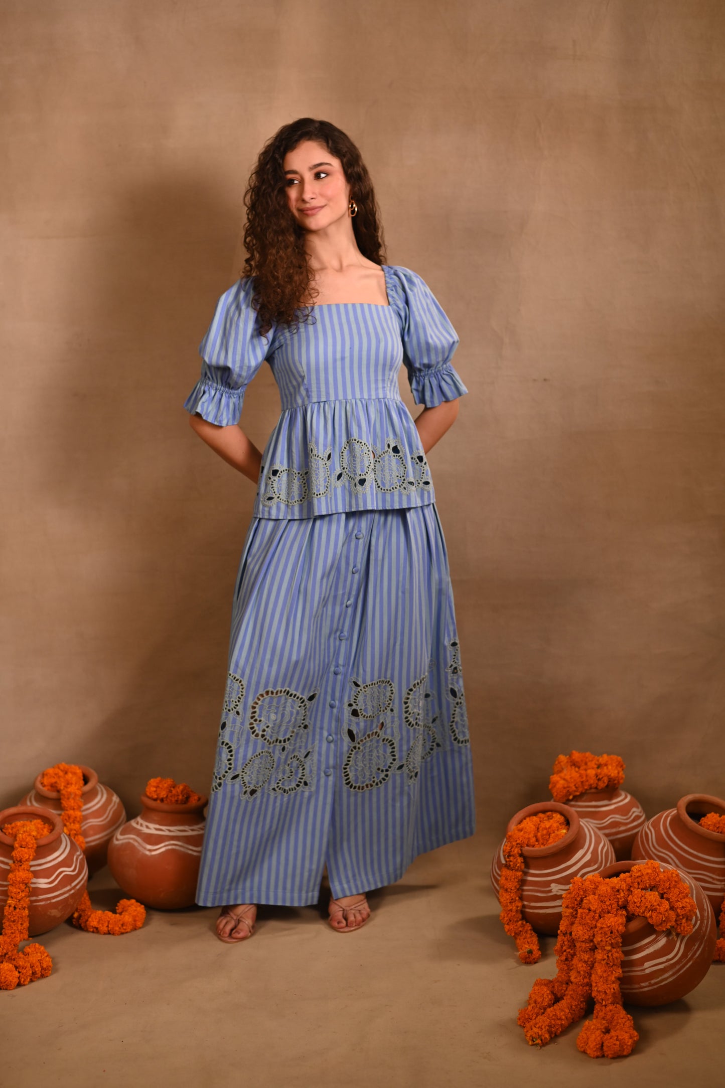 Light Blue Stripe Set with Peplum Top & Skirt