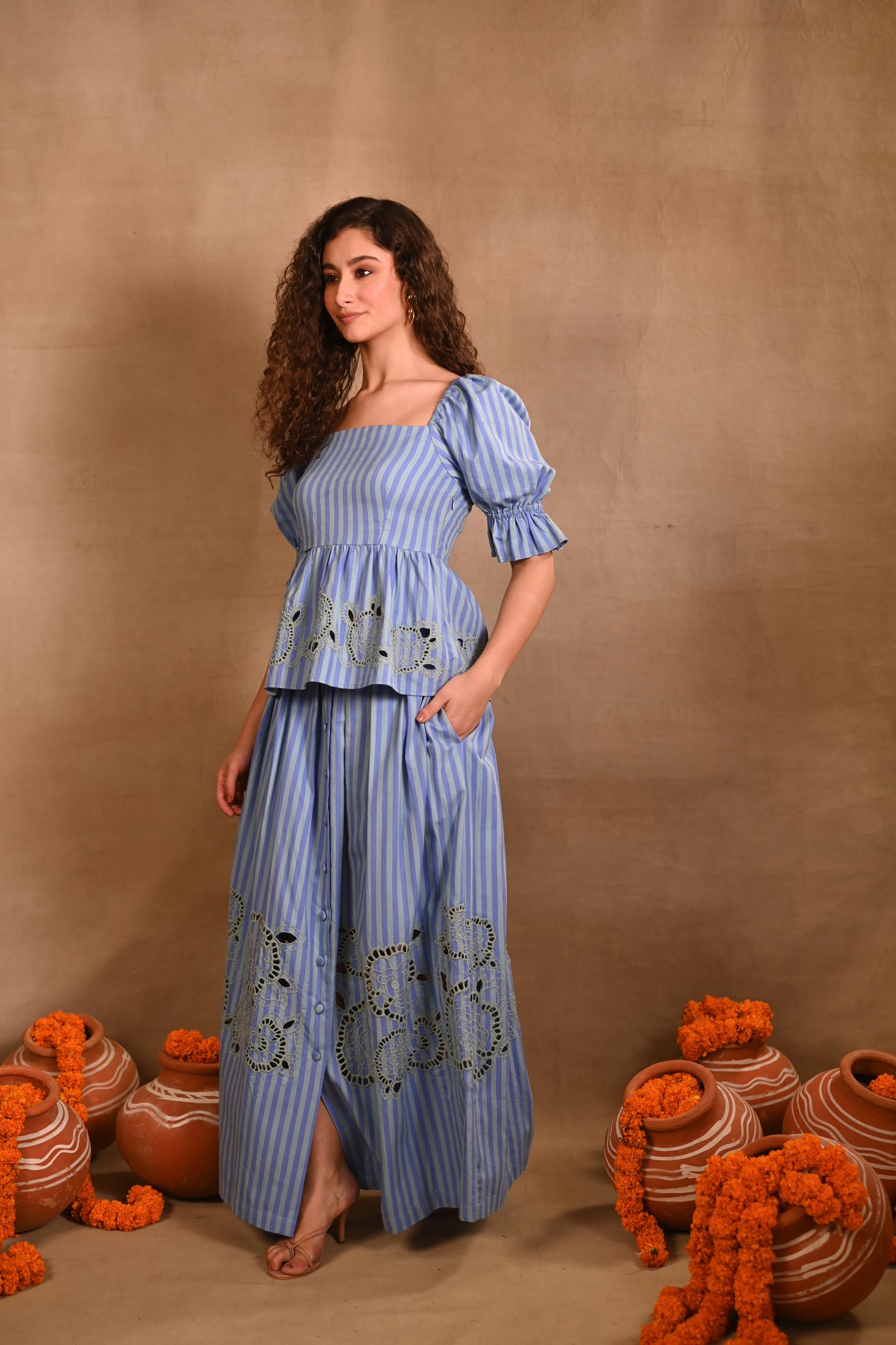 Light Blue Stripe Set with Peplum Top & Skirt