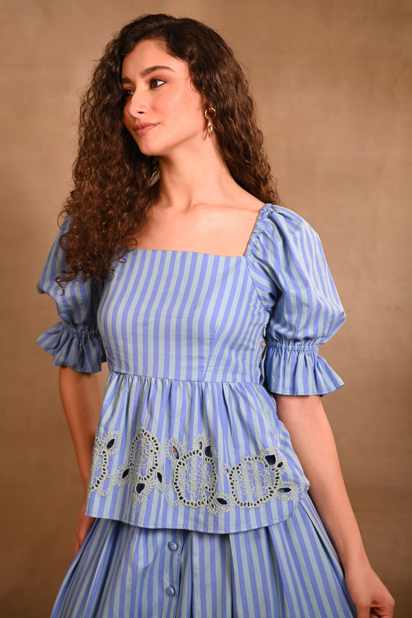 Light Blue Stripe Set with Peplum Top & Skirt