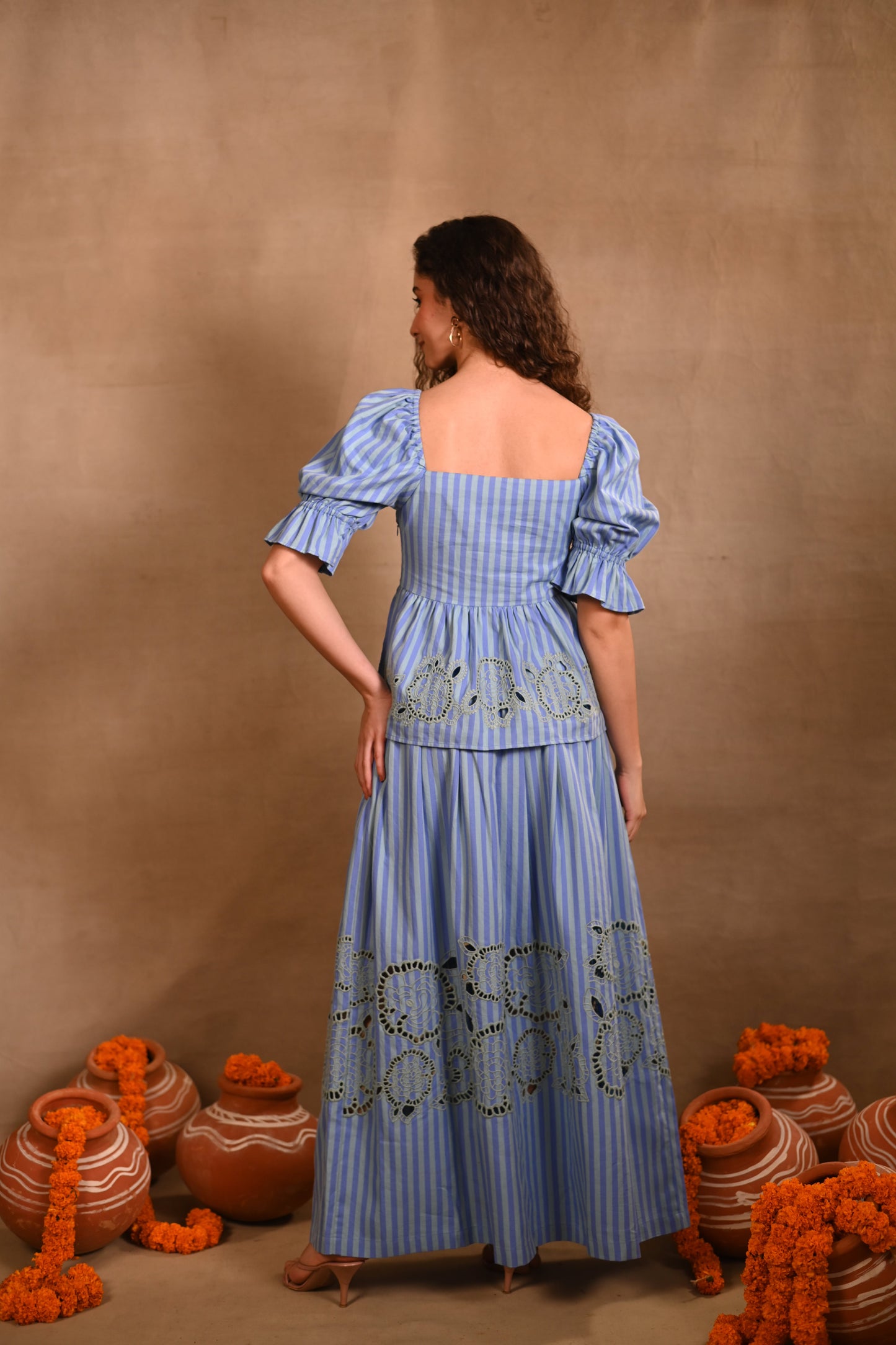 Light Blue Stripe Set with Peplum Top & Skirt