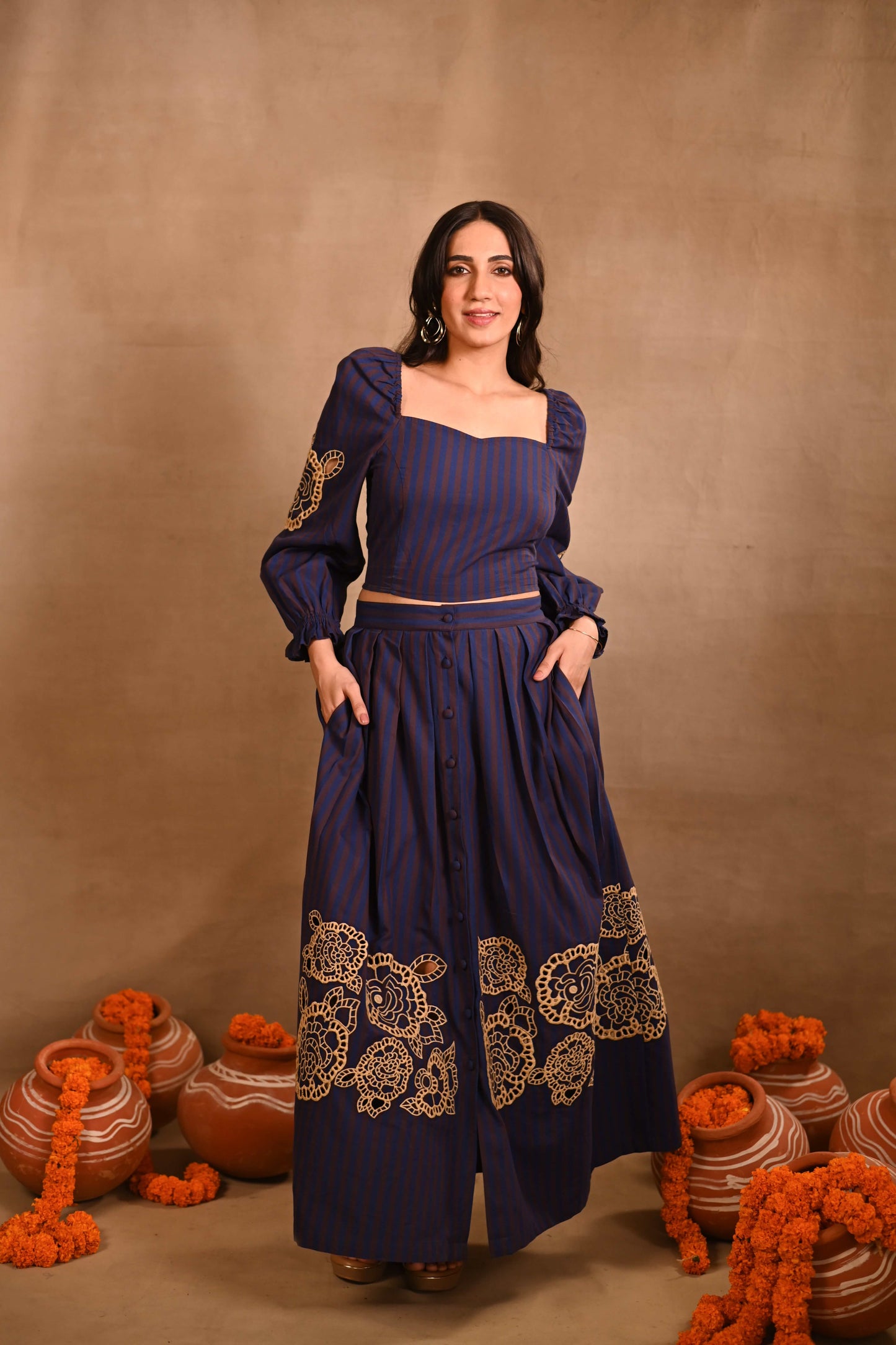 Navy Blue & Brown Striped Set