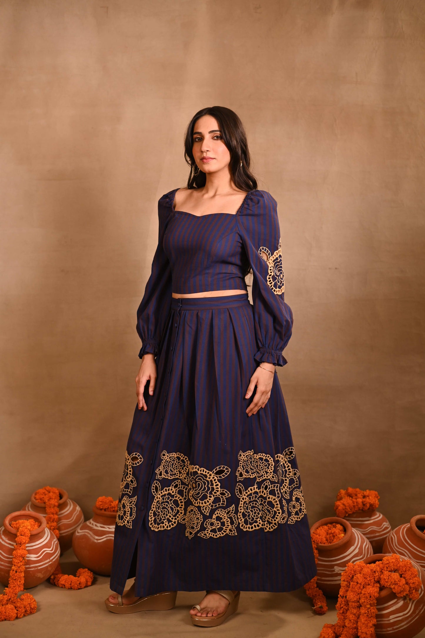 Navy Blue & Brown Striped Set