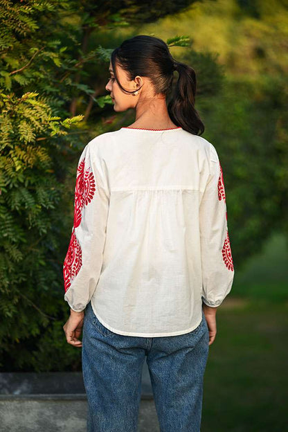 White & Red Top with Mandala embroidery
