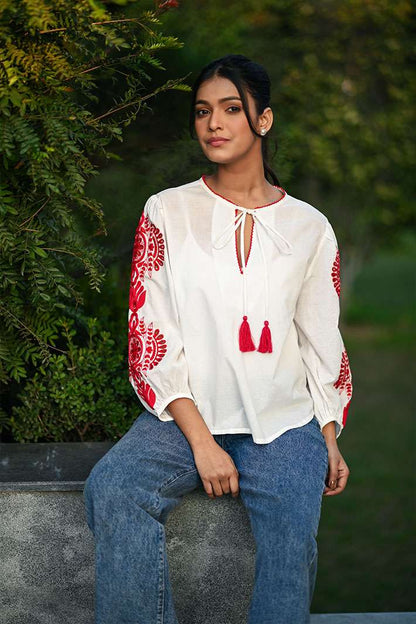 White & Red Top with Mandala embroidery