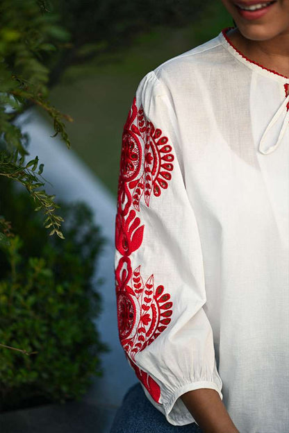 White & Red Top with Mandala embroidery