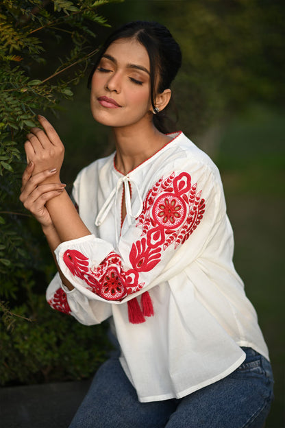 White & Red Top with Mandala embroidery