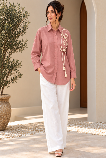 Med Pink Dragon Mahajong Shirt with white dori