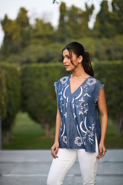 Denim Lyocell V Neck Sleeveless Top