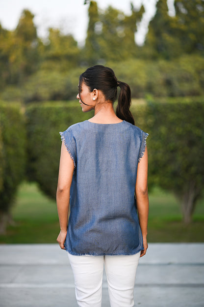 Denim Lyocell V Neck Sleeveless Top