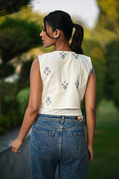White & Blue Sleeveless Jacket