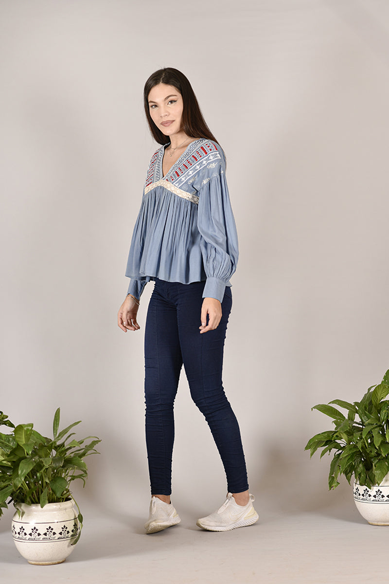 Light Blue Blockprinted Top