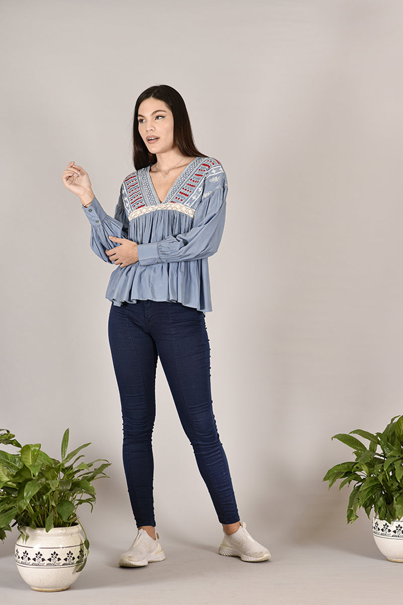 Light Blue Blockprinted Top