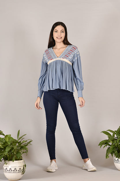 Light Blue Blockprinted Top