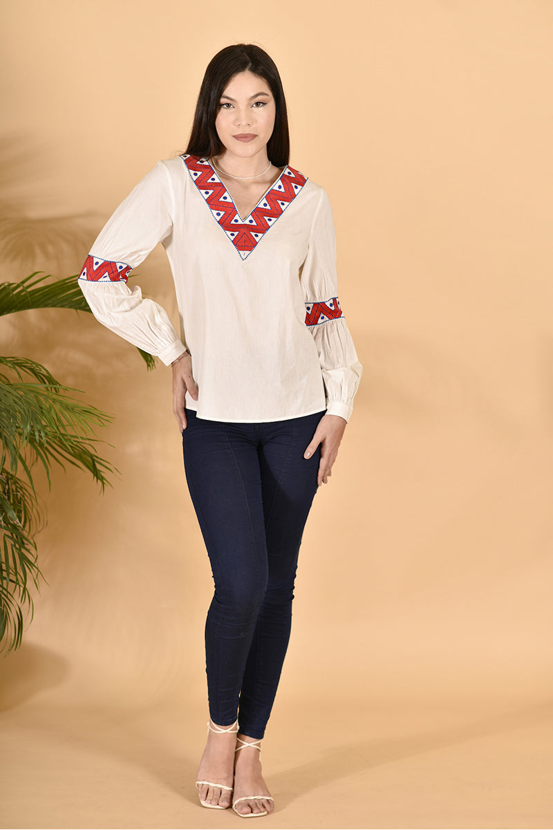 Red Blockprinted V Neck Top