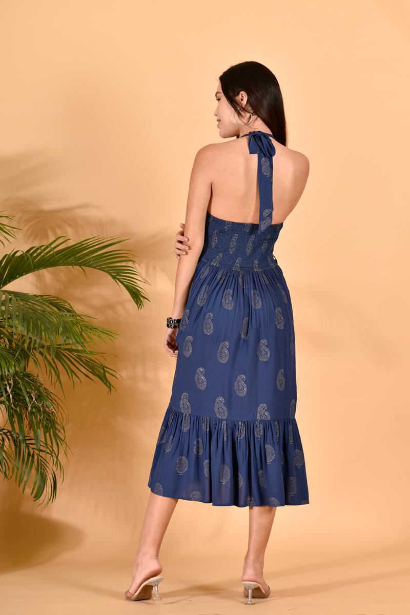 Blue Blockprinted Halter Dress