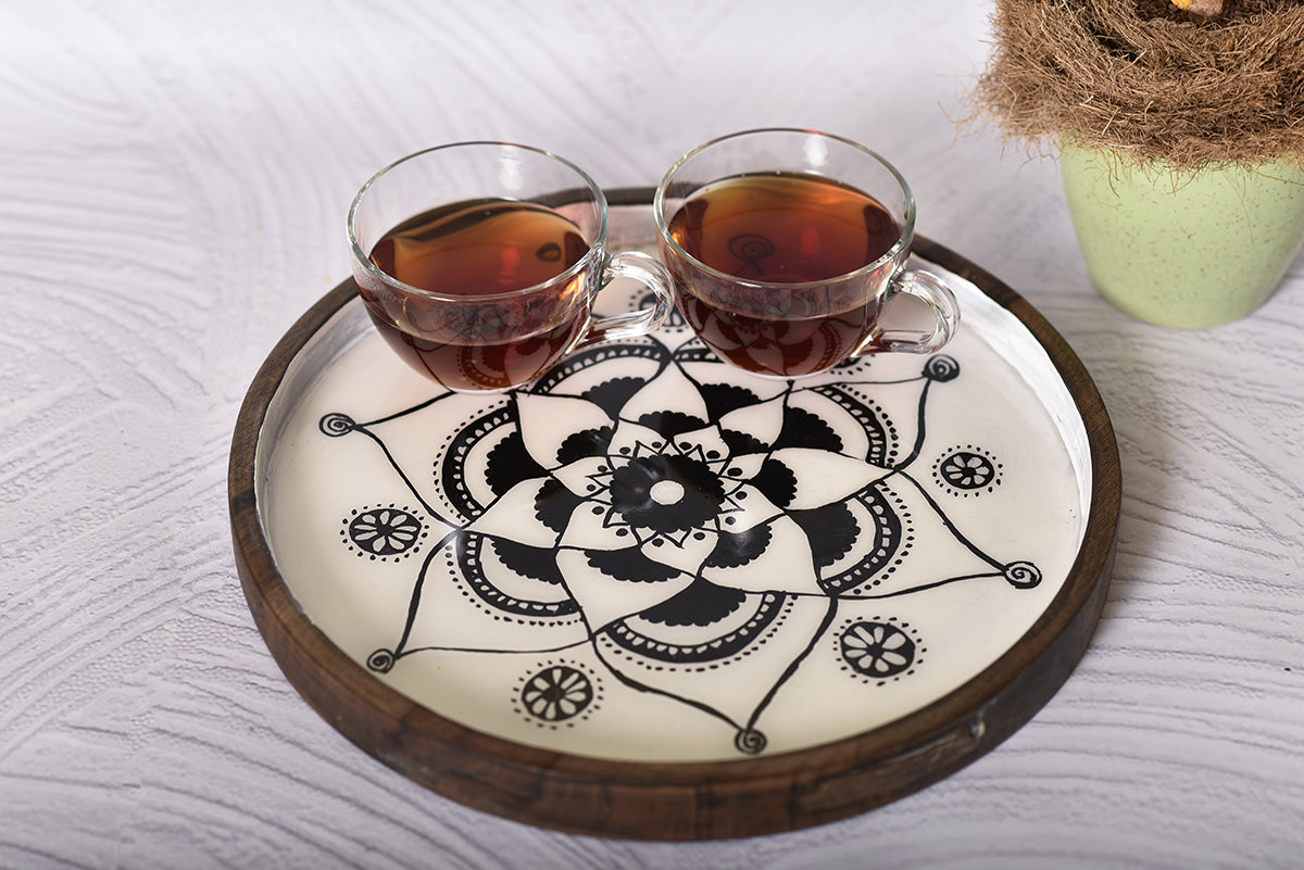 White Round Mandala Wooden Tray