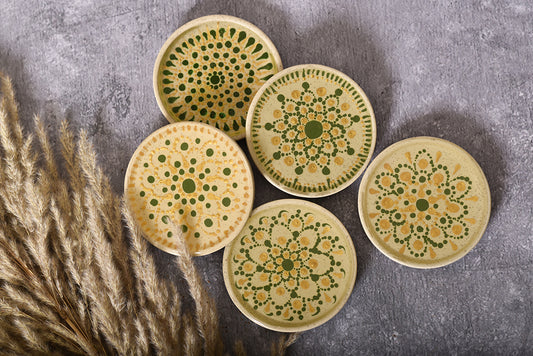 Green Dot Mandala Ceramic Coasters