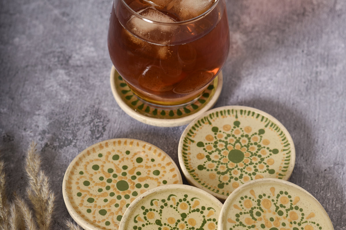 Green Dot Mandala Ceramic Coasters