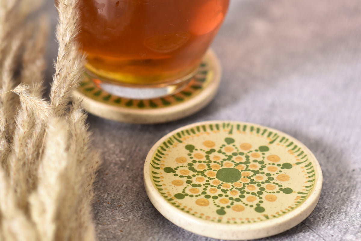 Green Dot Mandala Ceramic Coasters