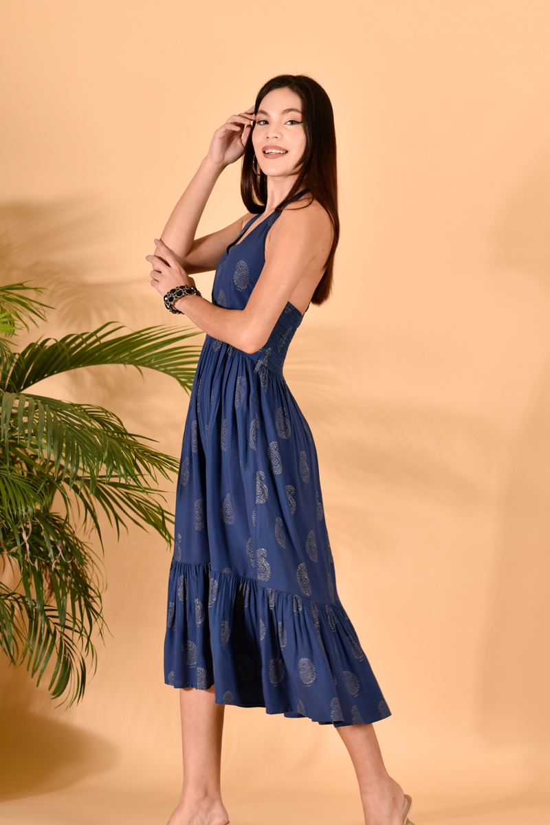 Blue Blockprinted Halter Dress